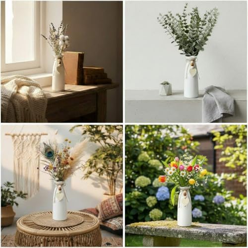6 Pack 8 Inch Ceramic Vase Set with Jute Rope & Heart Charm, Vases for Centerpiece White Small Decorative Vase for Bohemian Home Decoration Modern Flower Vases for Gift Room Bedroom Office