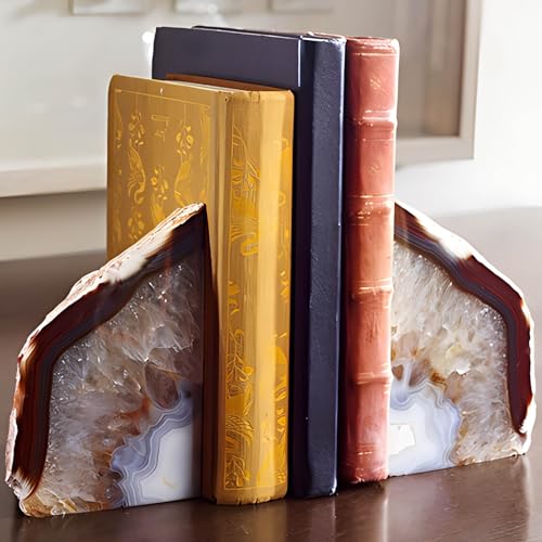 AMOYSTONE Agate Bookends for Shelf Decorative Geode Book Ends for Heavy Books Crystal Bookends for Shelves Nature Brown Small(1 Pair, 2-3 LBS) - color: Nature, size: 2-3LBS