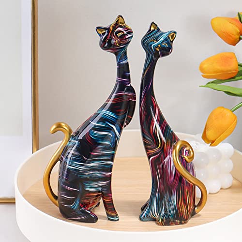 Tyenaza 2Pcs Oil Painting Cat Statues, Colorful Cat Statue, Abstract Couple Resin Cat Figurines Cat Sculpture for Bedroom Office Desktop Decoration(KY146) - size: KY146