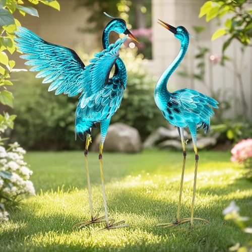 36.75" Metal Crane Garden Statue, Handcrafted Oversized Blue Heron Decor Sculptures with Stable U-Ground Stakes, Backyard Decoration, Metal Garden Bird Animal Yard Art, Lawn Ornament Decor - color: 35.5" -Bright Blue