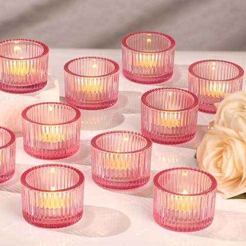 Lanttu Pink Tealight Candle Holder Set of 12, Small Votive Candle Holders for Table Centerpiece,Glass Tea Light Candles Holder for Party&Home,Wedding Decor(2''Dia*1.4''H) - color: Pink