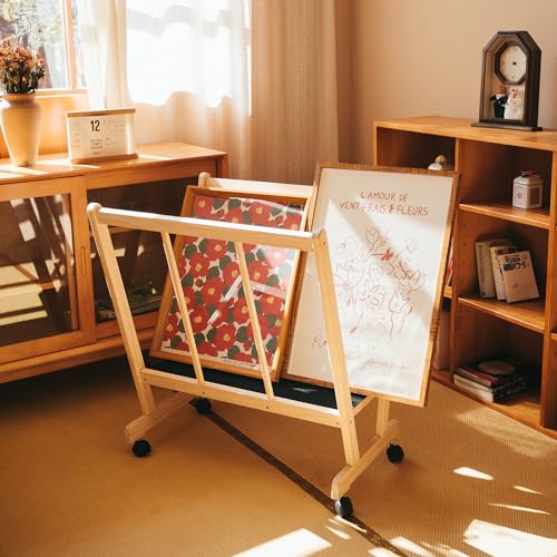 GENMOUS Wood Large Print Rack with Castors - Artist Display and Storage Rack,Natural Wooden Storage & Crafts Drying Racks for Canvas,Artwork,Prints,Panels,Posters,Art Shows & Galleries Display Stands - size: Wood-1Layer