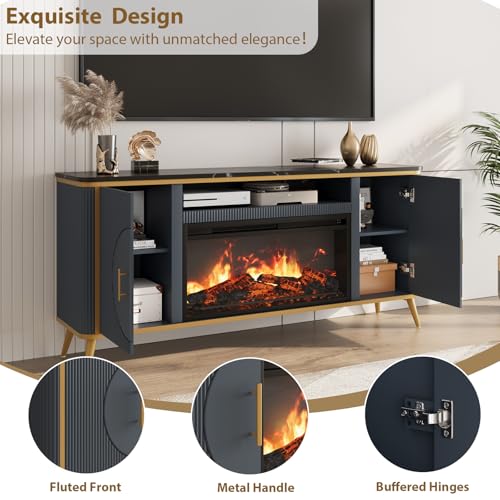 Fluted Fireplace TV Stand Up to 80" TVs, Modern Entertainment Center with 30" Electric Fireplace, Luxury Media Console with Adjustable Shelves for Living Room, Navy Blue - color: Navy Blue
