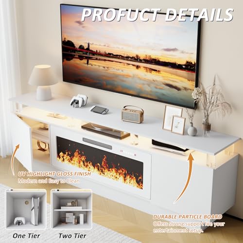 LEMBERI 70" Fireplace TV Stand for TVs up to 80 Inches with White 36'' Electric Fireplace & Remote, Modern Entertainment Center with LED Light,Woodeen TV Console for Living Room, 8 Acrylic Posts, Wht - color: White With White Fireplace (Acrylic Posts), si