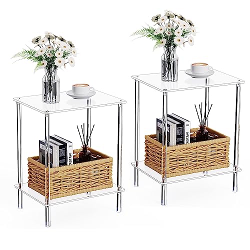 Clear Acrylic Side Table Set of 2, 2-Tier End Table for Living Room, Small Modern Bedside Tables Nightstand for Bedroom, Home Decor Accent Table, 15.7" L x 11.8" W x 19.82" H - size: 2 Tier 2-Pack
