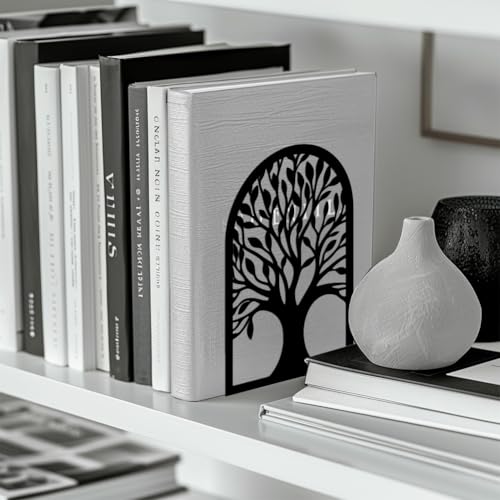 Peacoblue Metal Bookends for Shelves, Modern Decorative Heavy Duty Study Book Support Stoppers for Office, Desk, Shelf, Room 5.3"x3.5"x7.8" Cast Iron Simple Tall Bookends, 1 Pair (Tree of Life) - color: Tree of Life