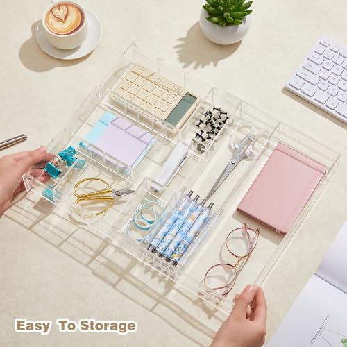 Briwooody 2 Pcs Acrylic Desk Drawer Organizer Maximum 11.8 x 17 x 1.9 Inch Expandable Drawer Organizer Trays with 7 Adjustable Compartments Desk Accessories for Makeup Silverware Office Bathroom - size: 11.8 x 17 x 1.9 Inch