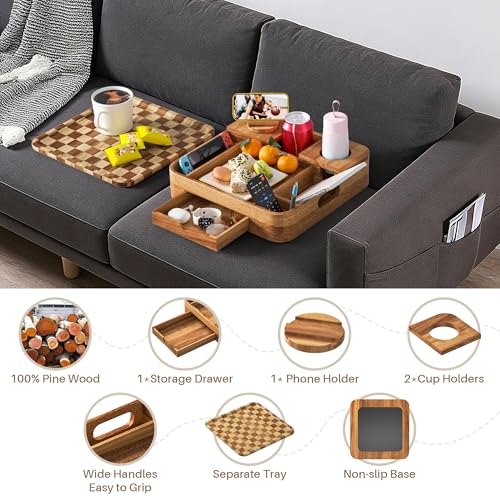 Couch Cup Holder, Checkered Couch Tray Cup Holder Sofa Tray, Acacia Wood Large Capacity 2-Tier Wooden Trays with Drawer for Sofa, Bed, Picnic, Drinks, Snacks, Remote, Cell Phone 12.5 * 12.5 in - color: Acacia Wood + Checkered