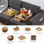 Couch Cup Holder, Checkered Couch Tray Cup Holder Sofa Tray, Acacia Wood Large Capacity 2-Tier Wooden Trays with Drawer for Sofa, Bed, Picnic, Drinks, Snacks, Remote, Cell Phone 12.5 * 12.5 in - color: Acacia Wood + Checkered
