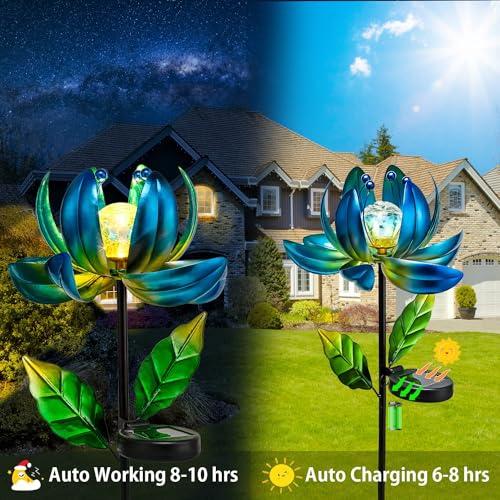 Solar Garden Lights Metal Flower Decor, Colorful Spinning Windmill Lotus Pathway Ligths with LED Cracked Crystal Ball Outdoor Decorative Stake Lighting Waterproof Flower Sculpture for Patio Yard - color: Multicolor