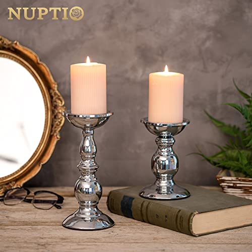 Nuptio Pillar Candle Holders Metal Candle Holder Ideal for 3 inches Candles, Silver Candle Holder for Living Room, Gardens, Spa, Aromatherapy, Incense Cones, Wedding, Party, 2 Pcs - color: Silver, size: S + L