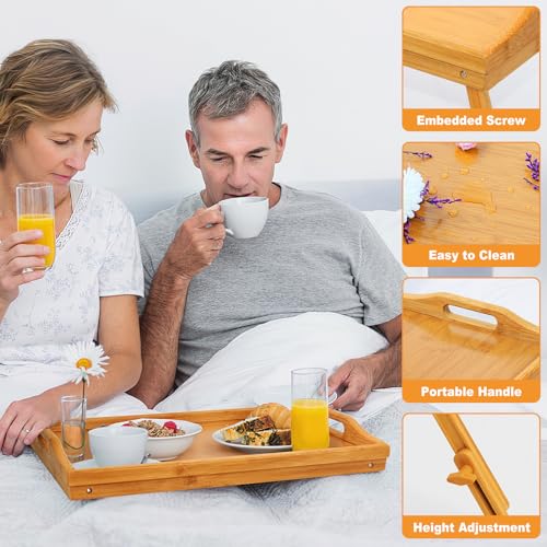 Bed Tray Table Set of 2, Bamboo Breakfast Trays with Folding Legs and Handles, Snack and Eating Lap Table, Natural Wood Color Serving Tray for Kitchen, Sofa or Bed Use - style: 2 pack(Adjustable feet)