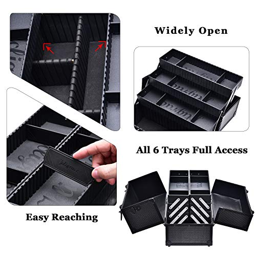 Joligrace Makeup Train Case Professional Adjustable - 6 Trays Cosmetic Cases Makeup Storage Organizer Box with Lock and Compartments 14 Inch Large Black - color: 3.Black