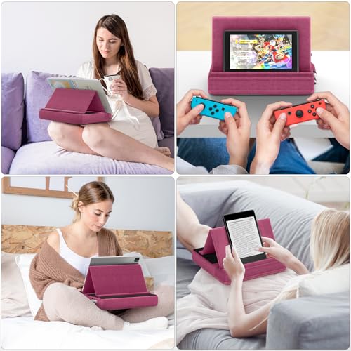 KDD Tablet Pillow Stand, Multi-Angle Viewing Ipad Holder for Lap, Bed and Desk, Foldable Soft Pad Dock with Stylus Mount Compatible with Ipad Pro 12.9, 10.5, 11, Air, Mini, Phones, Books, E-Reader - color: Purple
