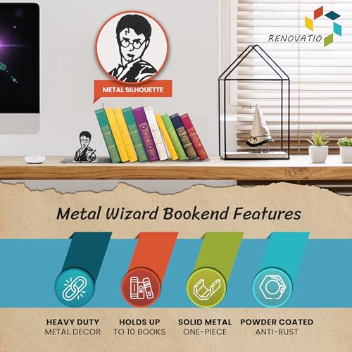 Renovatio Black Metal Bookend – Cute, Unique, Geeky Decor for Home, Office & Kids Room – Heavy Duty, Non-Slip Minimalist Bookends for Shelves – Wizard - style: Wizard