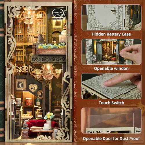 CCCDF Book Nook Kits for Adults and Teens, DIY Miniature Dollhouse Kit 3D Wooden Puzzle Booknook Bookend with LED Light, Gifts for Family, Friends (Saison Café) - style: Saison Café
