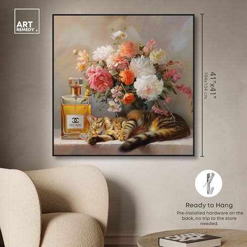 Art Remedy Cat Floral Vase Perfume Canvas Fashion Pet Art, Black Frame, 40" x 40" - color: Black Frame, size: 41"L x 41"W