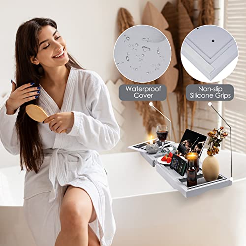 Foldable Bathtub Caddy Tray, Bamboo Bath Tub Tray Table for Tub with Wine Glass Holder Book Phone Tablet Holder with Extending Sides, Adjustable Bathroom Bathtub Free Soap Holder Gift Idea (Grey) - color: Gray