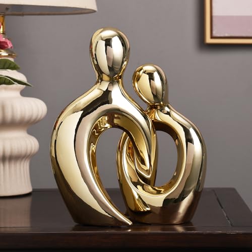 Quoowiit Ceramic Couple Sculptures for Home Decor, Abstract Lover Statue for Shelf, Office, Living Room, Bedroom Decorations, Gifts for Anniversary, Valentine's Day, Birthday - color: Gold