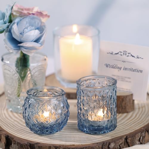 DARJEN Blue Glass Votive Candle Holders Set of 24 - Round Tea Lights for Wedding, Shower, Party & Gift - color: Blue, size: 24 Pcs