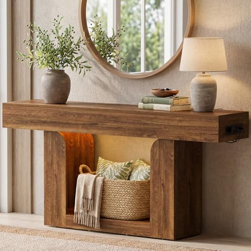 Homieasy Console Table, 63" Entryway Table with LED Lights & Charging Station, Farmhouse Wooden Sofa Table Behind Couch, Narrow Hallway Table for Living Room, Foyer, Entry, Rustic Oak - color: Rustic Oak, size: 63"