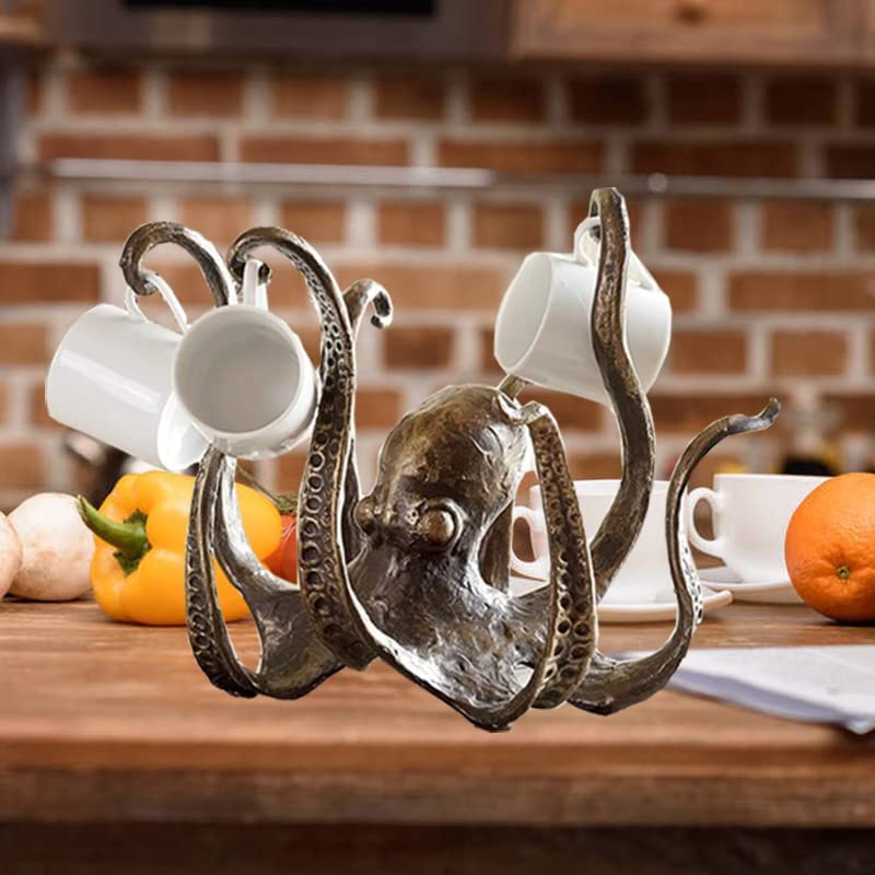 Octopus Statue Resin Octopus Sculpture,Octopus Coffee Mug Holder,Fun Tea Cup Holder Jewelry Holder,Retro Style Gold Octopus Statue Accessories for Kitchen Restaurant Coffee Bar Decor