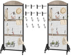 2 Packs Grid Wall Panel 5.7' x 2' FT Grid Display Rack with Wheels, Movable Gridwall Display Stand with 8 S-Shaped Hooks and 8 Garment Hooks, Floorstanding Wire Grid Rack, Greige and Black TCJ17P2BG - color: Greige and Black