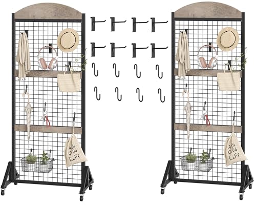 2 Packs Grid Wall Panel 5.7' x 2' FT Grid Display Rack with Wheels, Movable Gridwall Display Stand with 8 S-Shaped Hooks and 8 Garment Hooks, Floorstanding Wire Grid Rack, Greige and Black TCJ17P2BG - color: Greige and Black