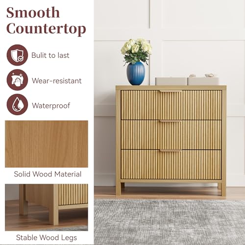 Fluted Nightstand, 23.7'' Wide Night Stand with 3 Drawers, Mid-Century Modern Bedside Table with Handles, Wood End Table for Bedroom, Oak - color: Oak