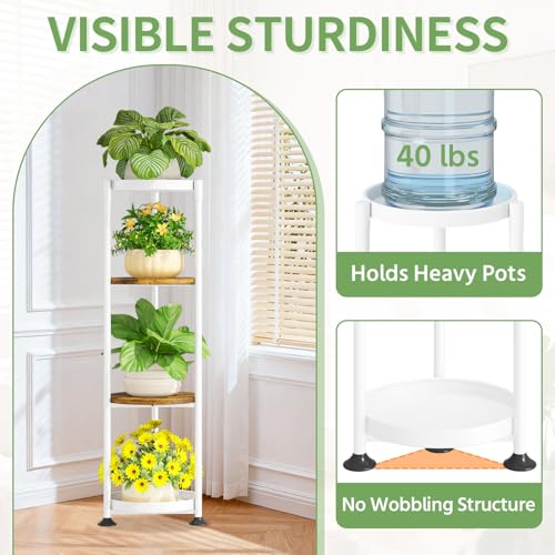 KMOTASUO 4 Tier White Plant Stand Indoor for Large Tall Heavy Duty Planter, Multiple Sturdy Metal Flower Corner Rack for Narrow House Floor, Iron Vertical Level Round Orchi Holder Organizer, Modern - color: White + Brown, size: 4 Tier