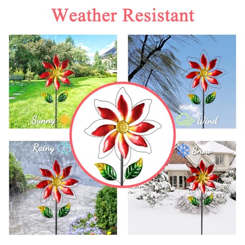 Wind Spinner Outdoor,14’’ Dia Red Flower Shape Garden Pinwheels Spinners,Waterproof Windmill for Yard Lawn Patio Decor - size: 14'' Red