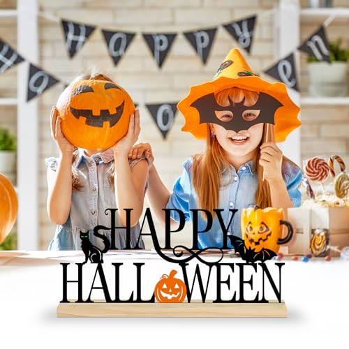 COCHIE Metal Happy Halloween Sign, Black Halloween Decorations for Home, Office, Shelf, Mantel, Indoor, Jack-o-lantern Decoration, Spooky Cat Bat Decor (Halloween) - style: Halloween
