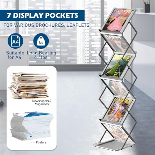 6 Pockets Foldable Literature Rack - Aluminum Magazine Rack, Brochure Catalog Display Stand with Carrying Bag for Exhibition, Trade Show, Office, Retail Store, Home - Silver