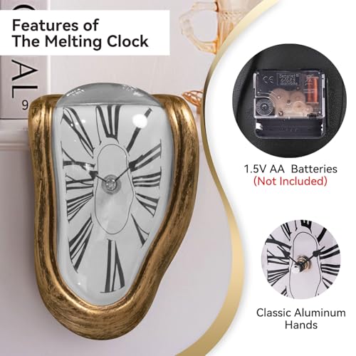 Melting Shelf Clock - Art Decor Salvador Dali Surreal Dripping, 8x4 in Matte Black Gold Anti-Fingerprint Shelf & Desk Gift - color: Matte Black Gold