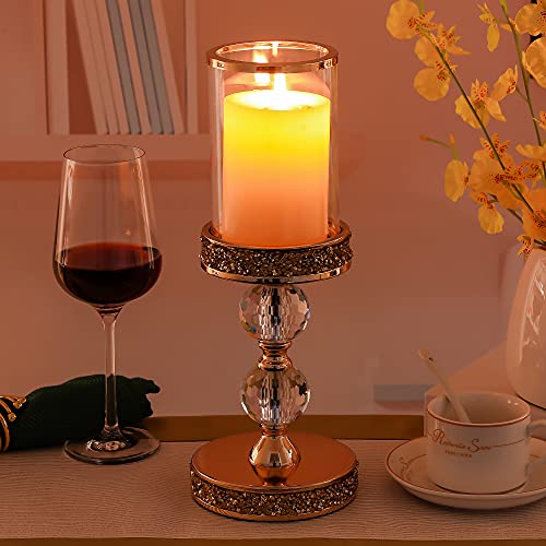 Pillar Candle Holder, 13 Inch Crystal Candlesticks for 3''X5'' Candles, Dining Coffee Table Decor, Wedding, Events, Parties - Glass and Gold Finish - size: 2 crystal balls