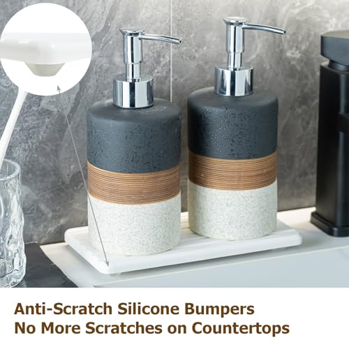 Ceramic Dish Soap Dispensers Set(2 Pack), Hand, Dish, Shower Soap Dispenser for Kitchen Sink & Bathroom, Includes Stainless Steel Pump, Silicone Funnel & Diatomaceous Holder, Black - color: Black and White, size: 2xSoap Dispenser Set with Tray