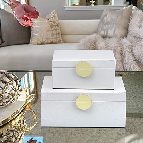 HofferRuffer Faux Leather Jewelry Boxes, Decorative Boxes Storage Accessory Organizer with Gold Hardware Decor, Classic Vegan Leather Set of 2 Pieces (White) - color: White