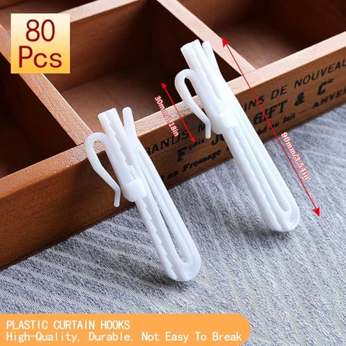 80 Pcs Plastic Curtain Hooks, Adjustable Pinch Pleat Hooks, Ratchet System Pinch Pleat Curtain Hooks for Window Curtain, Door Curtain and Shower Curtain (90mm/3.54inch)