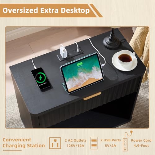 LEYAOYAO 31" Wide Fluted Nightstand with Charging Station, Oversized Extra Large 1 Drawer Night Stand with Golden Handle, Black Wood Bedside Table Tall End Tables,for Bedroom, Living Room, Hallway - color: Black, size: 1 Drawers