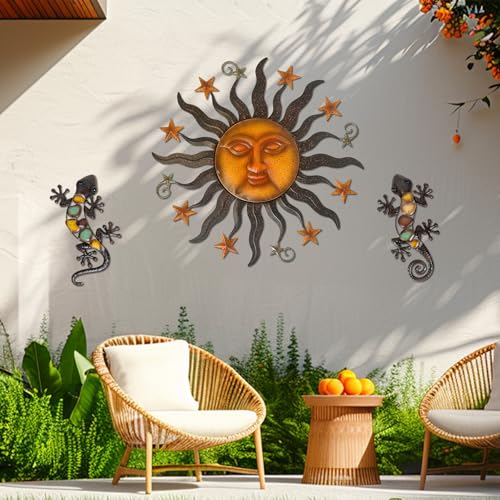 LIFFY 24" Sun Face Metal Wall Art for Outdoor Decor - Solar Themed Hanging Sculpture, Weather-Resistant Garden Patio Wall Décor, Farmhouse Home Accent Gift (Antique Bronze Finish) - color: Sun Face