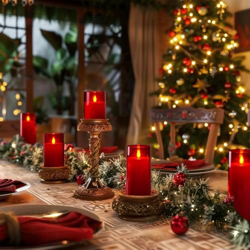 Homemory Christmas Red Flickering Flameless Candles, Battery Operated Acrylic LED Pillar Candles with Remote Control and Timer, Set of 9 - color: Red, 9Pack