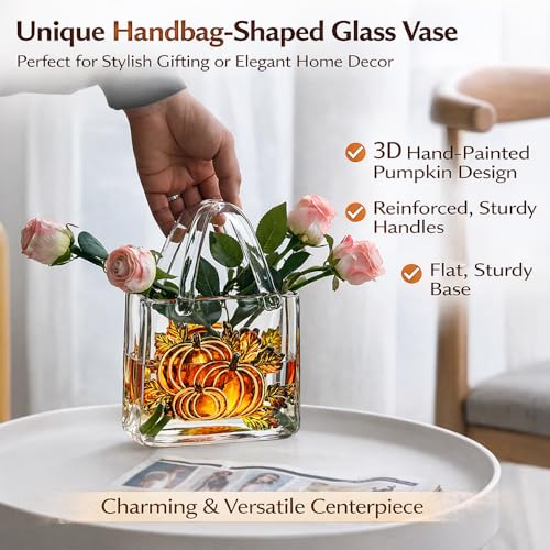 Glass Wallet Vase, Hand Painted Embossed Handbag with Handle, Thick Clear Glass Vase for Centerpiece, Fish Tank, Cute Home Decor Gift (Pumpkin Pattern) - color: Transparent Color