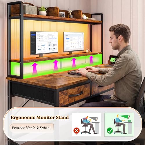 39.4"Office Desk with 2Drawers&Hutch,Computer Desk with Storage Rack&Monitor Stand,Gaming desk with LED&Power Outlet,Modern Study Writing Desk for Bedroom Home Office,Small Space,Rustic Brown - color: Brown, size: 18.9"D x 39.4"W x 61.1"H