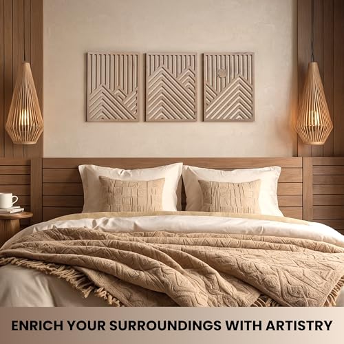 qmmp Modern Wooden Wall Sculptures - Set of 3 - Home Decor Accent - Large Wall Art for Living Room, Bedroom, Office - Easy Installation (Oak, Medium - Mountain and Sun) - color: Oak, size: Medium - Mountain and Sun