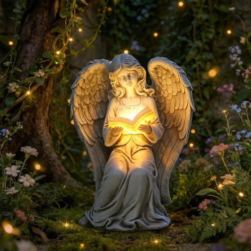 Angel Statue Outdoor Decor, Elegant Angel Garden Statues Reading Book with Solar LED Lights Yard Decorations Lawn Ornaments Figurines Resin Sculpture for Outside, Angel Gardening Gifts - style: Ancient Book