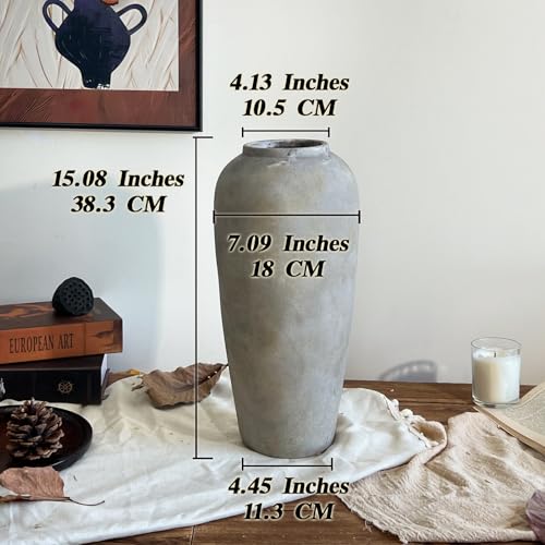 15 Inch Farmhouse Ceramic Rustic Vase, White Grey Flower Vases for Centerpieces & Home Decor, Handmade Pottery Vases for Living Room, Bedroom & Wedding Decor, Vintage Ceramic Vase for Gifts - color: White Gray, size: Large