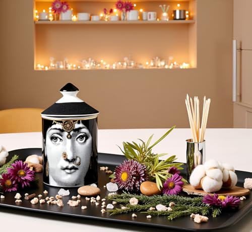 AlphaDesignLuxe Decorative Candle Holder Handcrafted Aromatherapy Candle Jar Italian Designer Décor Fashionable Tabletop Vase Modern Art Female Face Eyes Lips Centerpiece. (Floral Yellow)