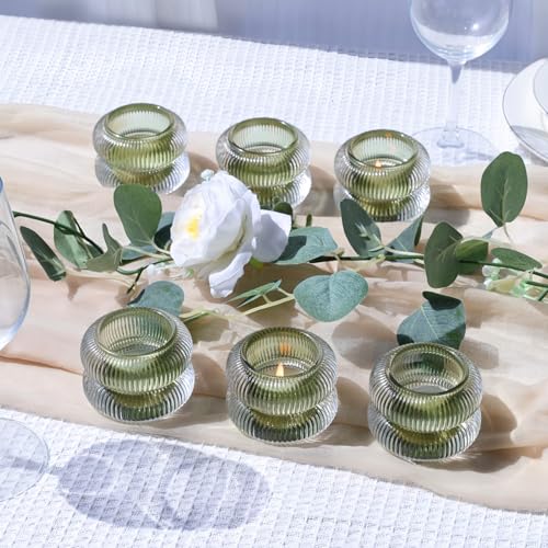 Woho Ribbed Glass Votive Candle Holders Set of 6, Vintage Tealight Candle Holder for Wedding Decor, Elegant Tea Lights Candle Holder for Dinner Table/Christmas Decorations(Green, 2.1" H X 2.75" D) - color: Green