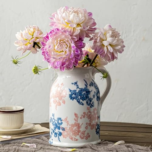 Pink Blue and White Pitcher Vase, 8 Inch Vintage Chinoiserie Ceramic Flower Vase, Rustic Retro Ice Cracked Antique Porcelain Vases for Home Farmhouse Table Centerpieces Shelf Decor ﻿ - color: Pink & Blue, size: Pitcher