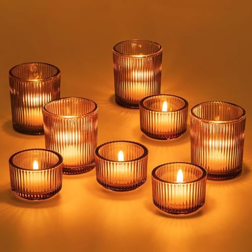 Hewory Glass Tealight Candle Holder: 8 Pcs Amber Votive Candle Holders Tea Lights Candle Holder, Ribbed Tea Light Holders Fall Decorations for Thanksgiving Table Centerpiece Wedding Party Home Decor - color: Amber, size: 8PCS